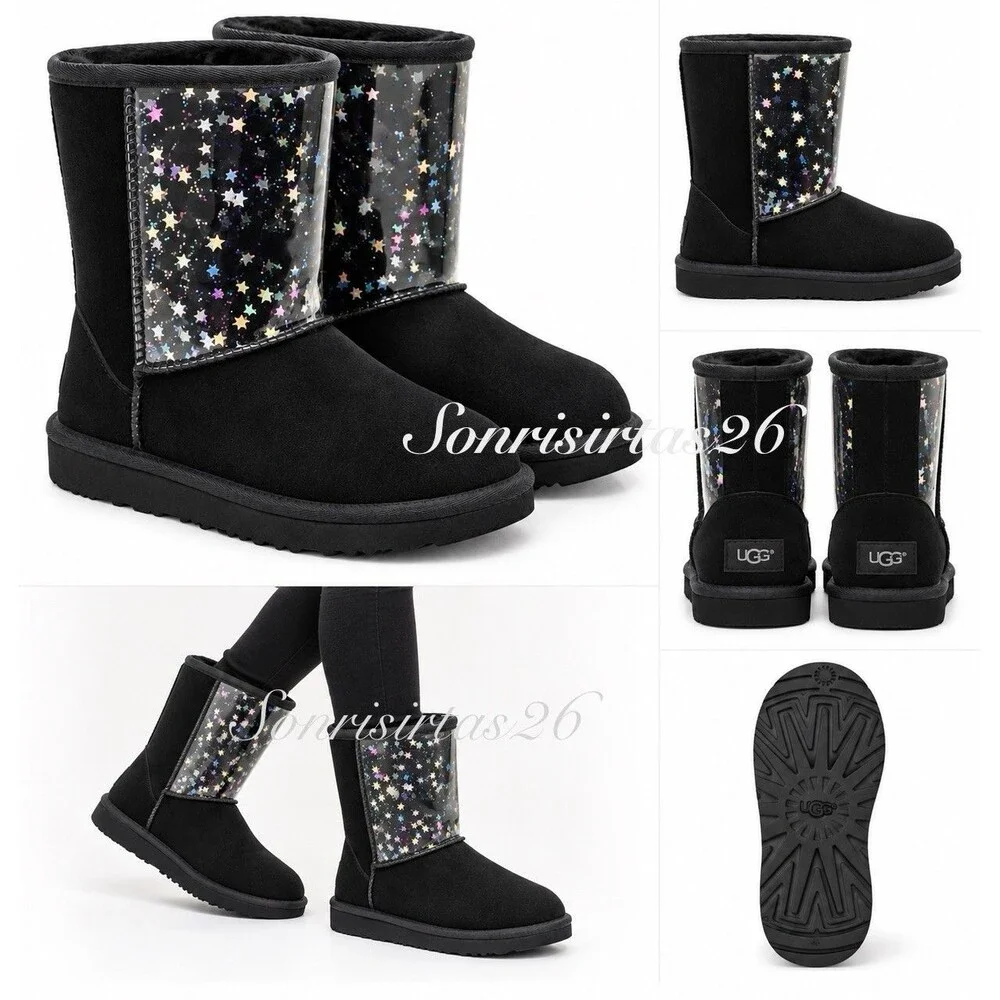 UGG Classic II Clear Glitter Girls Boots Size 6 Black Stars Waterproof #1121014K